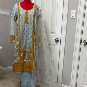 Elegant Blue and Gold Embroidered Dress with Dupatta
